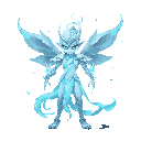 air elemental, front view, armor of translucent wind-filaments and cloud ribbons. body glows pale silver-blue. tempest magic: spiraling vortex, razor wind streaks and floating debris, electric cyan streaks and motion blur, vivid sky tones, no background