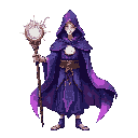 etereo human arch-mage, front view, wearing cosmic-veil robes woven from nebula threads—purple, cyan, magenta—flowing like space-time fabric. fractal constellations orbit the body. holds the ‘infinity staff’, with a rotating singularity core and stellar r