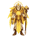 aasimar archmage, front view, radiant skin emitting gold-white luminescence. wears ‘mantle of the lost gods’: immaculate cloth of heavenly threads, glowing sigils orbiting the chest, shimmering platinum trims. holds the ‘alpha arcane staff’, a cosmic rod 
