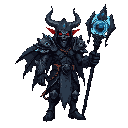 “demokin warlock, front view, clad in the ‘ethereal armor of the hellgate’: jagged shadow-metal plates with burning cracks of infernal flame, ghostly chains drifting around the waist, skull-shaped pauldrons emitting void smoke. holds a black staff crowned