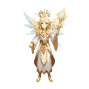 a godness high-elf transcendental, front view, celestial regalia of white-gold cloth and radiant crystal trims. holds transcendent light staff emitting pure beams and floating prisms. radiant aura of gold, white and pale blue light, lens-flare shards and 