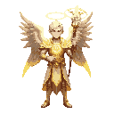 arcangel archmage, front view, radiant skin emitting gold-white luminescence. wears ‘mantle of the lost gods’: immaculate cloth of heavenly threads, glowing sigils orbiting the chest, shimmering platinum trims. holds the ‘alpha arcane staff’, a cosmic rod