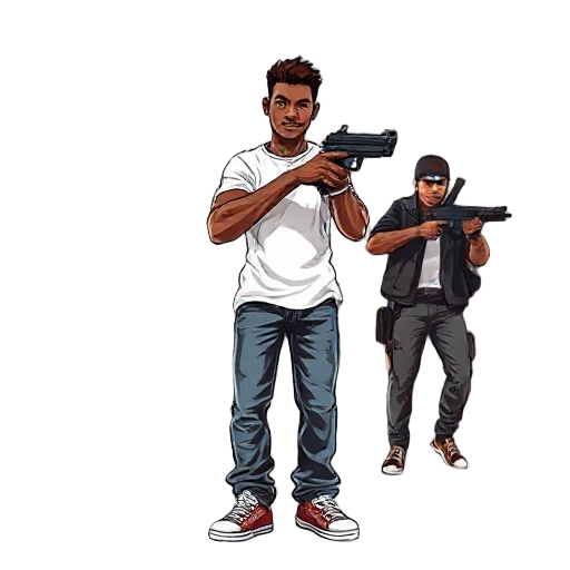 “um jovem negro de aparência forte e determinada, vestindo camiseta branca simples, jeans largos e tênis clássico, em um ambiente urbano inspirado nos anos 90. ele segura uma pistola com firmeza e está em posição de ataque em uma rua estreita de um bairro