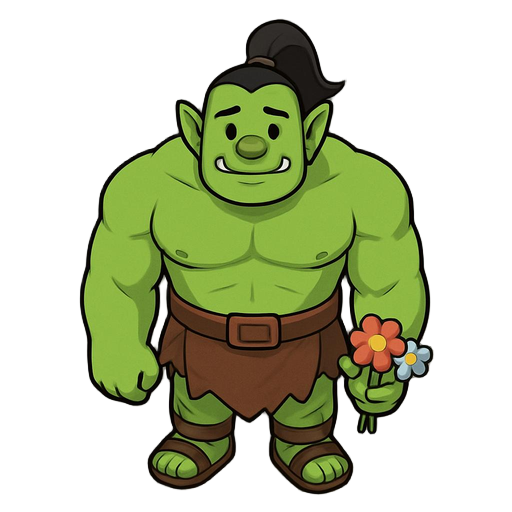 barbarian green skinned orc with a black ponny tail, without right hand. wearing a leather barbarian skirt. he is muscled and tall, and beside his inditimating appearance, we has a very kind heart and likes flowers.