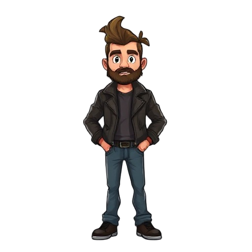 man with a beard and ponytail hair, wearing jeans and a leather jacket