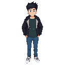 a 14-year-old boy wearing a dark green shirt and an open black jacket over the shirt, blue pants, and white sneakers, has white wired headphones on, and spiky black hair.