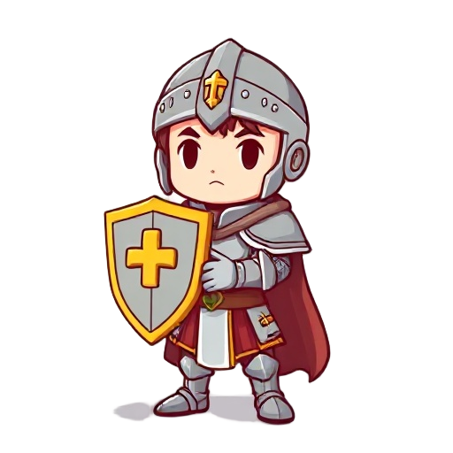 prayer warrior in knight armor, holding a shield and book, chibi