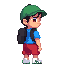blue tshirt, black backpack, red short, white shoes, green cap, kid