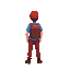 blue shirt, red cap, red pants, backpack, guy standing idle, turned towards screen