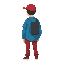 blue shirt, red cap, red pants, backpack, guy standing idle