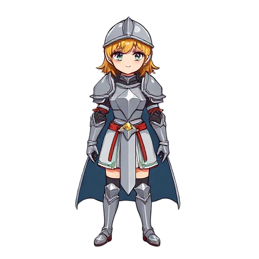 front view , female knight clothes , sprite , white background , no helmet , shorter hair , yellow hair