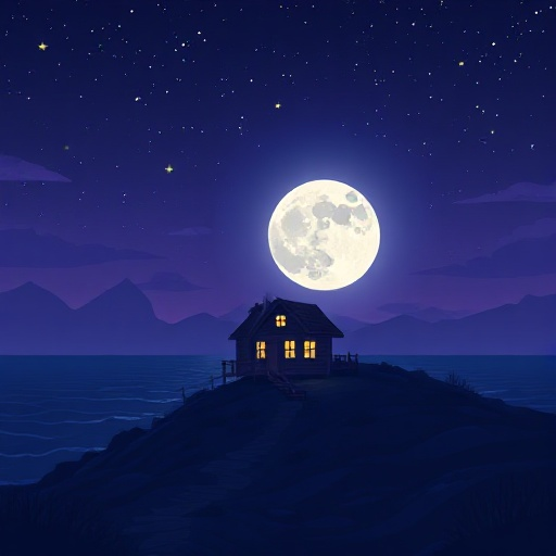 cozy night light house full moon sky with stars - sea and dark blue purple landscape