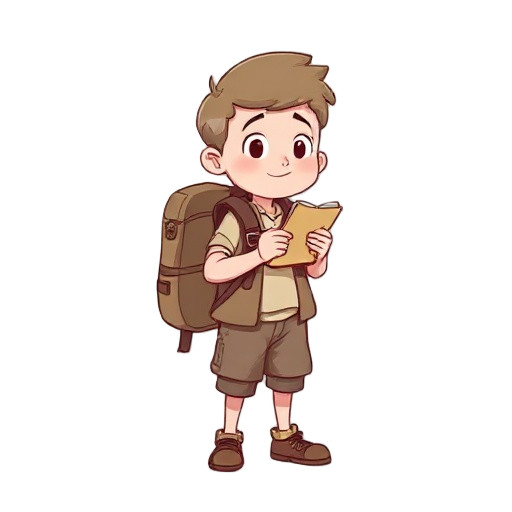 a young, absent-minded cartographer with simple clothes, an oversized backpack, a curious expression, always scribbling in a small notebook. shy personality, soft-spoken, often stumbles over their own words. soft colors, clean line art.
