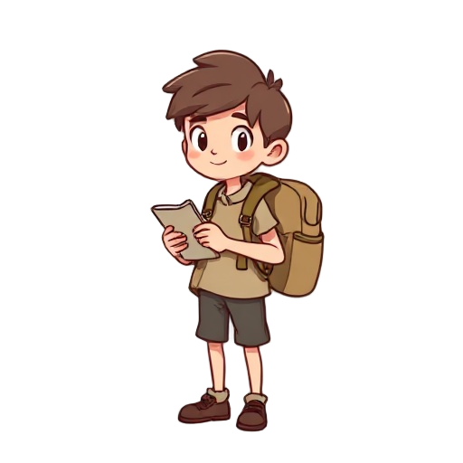 a young, absent-minded cartographer with simple clothes, an oversized backpack, a curious expression, always scribbling in a small notebook. shy personality, soft-spoken, often stumbles over their own words. soft colors, clean line art.