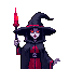 evil wizard, with a dark hood covering her face, with red eyes and red details in their clothes, and a magic wand with a red cristal