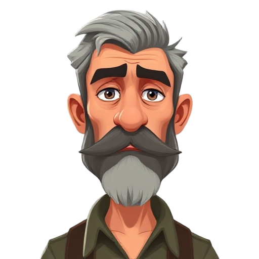 “stylized semi-realistic character portrait of a rugged middle-aged man, short wavy salt-and-pepper hair, trimmed mustache and beard, strong jaw and nose, slightly frowning eyebrows, thoughtful serious expression, soft painterly shading, neutral blurred b