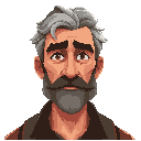 “stylized semi-realistic character portrait of a rugged middle-aged man, short wavy salt-and-pepper hair, trimmed mustache and beard, strong jaw and nose, slightly frowning eyebrows, thoughtful serious expression, soft painterly shading, neutral blurred b