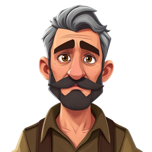 “stylized semi-realistic character portrait of a rugged middle-aged man, short wavy salt-and-pepper hair, trimmed mustache and beard, strong jaw and nose, slightly frowning eyebrows, thoughtful serious expression, soft painterly shading, neutral blurred b