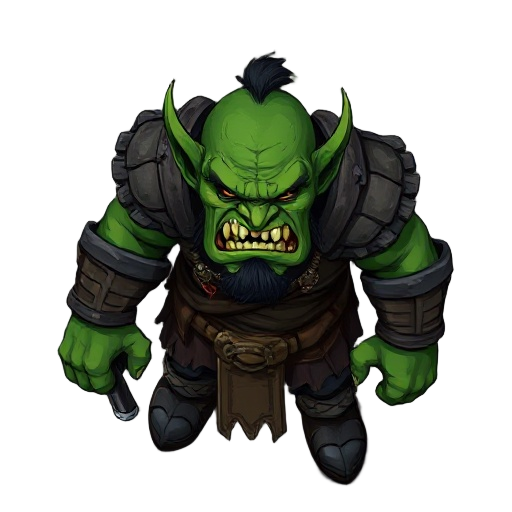 top down, 90° dark fantasy orc warrior. green skin, leather armor. muscular, aggressive. dark moody palette: deep greens, browns, charcoal grays. battle-scarred, menacing. gritty medieval tower defense aesthetic. transparent background.