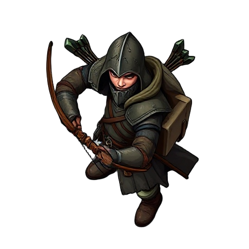 90° top-down medieval archer, dark fantasy style. wearing leather armor, holding bow, quiver on back. dark palette: browns, grays, muted greens. weathered, battle-worn appearance. viewed directly from above (bird's eye view).transparent background. tower 