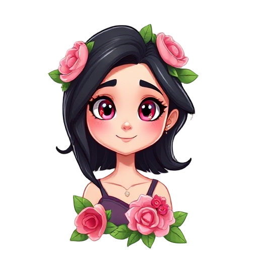 faça uma mulher de pele clara,roupas de naturesa e frores rosas, cabelo preto e olhos rosas com poderes de naturesa