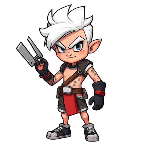 criar um prompt de uma personagem de cabelo branco, arrepiado, mao direita com garras grandes como se fosse manopla metalica de garra, maleta na mao esquerda, terno preto e gravata vermelha e calças brancas, sapato social