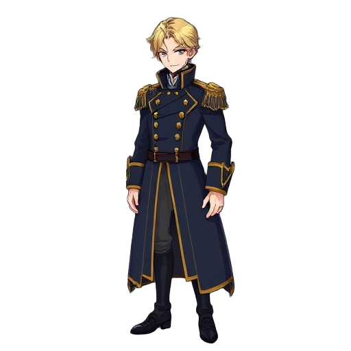 full body character design reference sheet of aliot from ragnarok online monster. an elegant male automaton disguised as a human noble. he has short blonde hair and a cold, expressionless face. he wears a long, dark blue 18th-century military gala overcoa