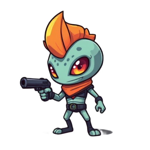 criar uma pixel arte diferente de uma criatura alienigena com cabelo grande e uma pistola 