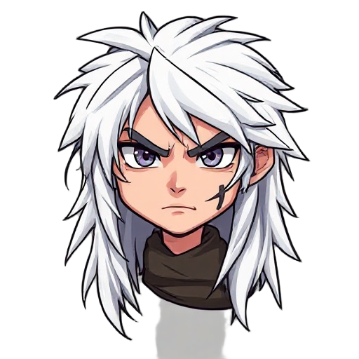 the character has long, messy white hair that falls over his face and down his back, giving him a wild, almost ethereal look. his eyes are sharp and intense, partially hidden by his hair, conveying a sense of focus and determination. a prominent scar runs