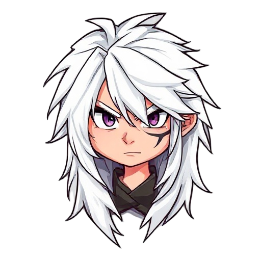 the character has long, messy white hair that falls over his face and down his back, giving him a wild, almost ethereal look. his eyes are sharp and intense, partially hidden by his hair, conveying a sense of focus and determination. a prominent scar runs
