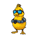 quero um pato todo amarelo com cara de mal estilo ciberpunk ciberpunck  com oculos leiser azul e um braço robotico, o pato tem que esta de lado pois o jogo é plataforma