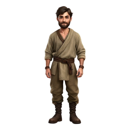 a realistic medieval human wearing simple peasant clothing: coarse linen shirt, rough wool trousers, leather belt, worn boots, earth-tone colors, no armor, no jewelry. modest appearance, slightly weathered look, natural lighting, neutral background, full-