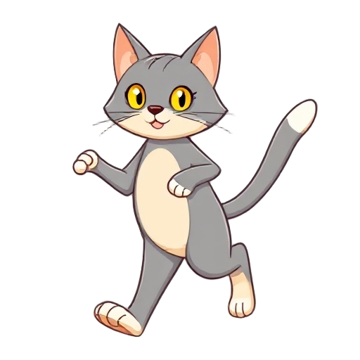 2d cartoon sprite of an anthro grey cat character walking. the character has grey fur, beige belly, beige inner ears, white hands and feet, white tail tip, yellow eyes, and simple clean lineart with flat colors. front view, legs in a natural walking pose,