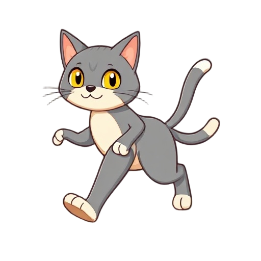 2d cartoon sprite of an anthro grey cat character walking. the character has grey fur, beige belly, beige inner ears, white hands and feet, white tail tip, yellow eyes, and simple clean lineart with flat colors. front view, legs in a natural walking pose,