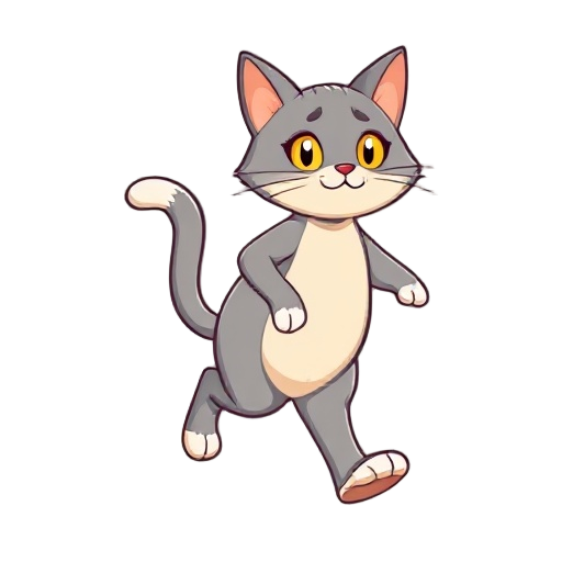 2d cartoon sprite of an anthro grey cat character walking. the character has grey fur, beige belly, beige inner ears, white hands and feet, white tail tip, yellow eyes, and simple clean lineart with flat colors. front view, legs in a natural walking pose,