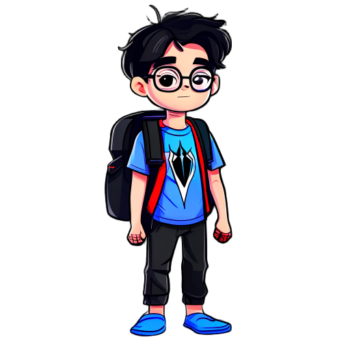make me a student character who carries a black backpack and wears glasses and has black cabal and wears a spider man shirt and wears black pants and blue slipper.