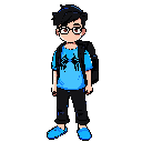 make me a student character who carries a black backpack and wears glasses and has black cabal and wears a spider man shirt and wears black pants and blue slipper.