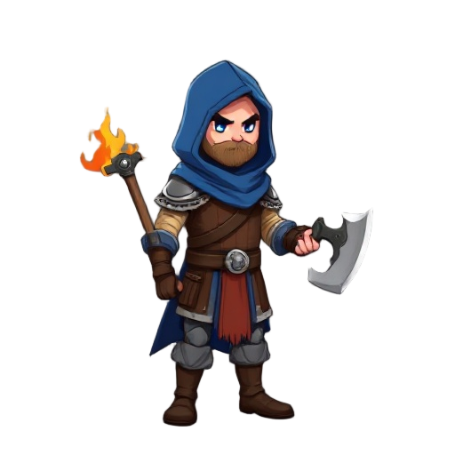 a heroic medieval figure with a blue hood and a flaming axe, without showing his face.