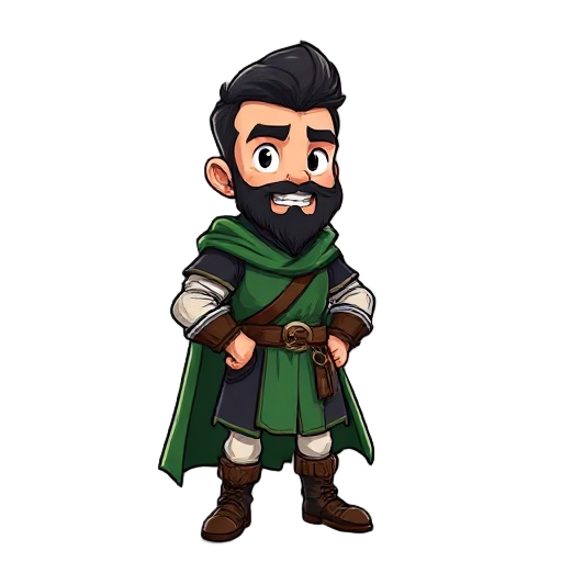 crie uma iamgem de um homem jovem de barba, pele branca, usando uma roupa medieval, de couro, verde e preta, cabelo preto e espetado estilo slickback, e de luvas de couro, calças e sapatos de couro