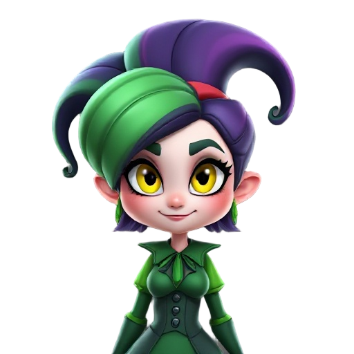 female mad hatter, green purple hair, yellow eyes, green sexy cloth