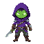 criatura humanoide delgada, capucha violeta, ojos brillantes verde-neón. porta un cuchillo como arma