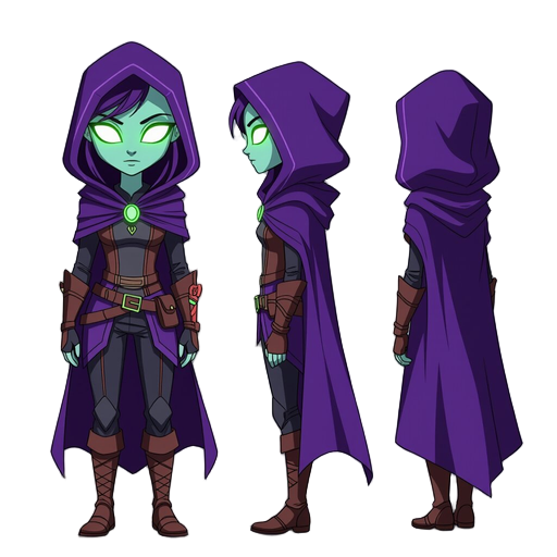 "shadow runner" light unit, dracula color palette (dark purple #282a36, cyan #8be9fd, green #50fa7b, orange #ffb86c, pink #ff79c6, purple #bd93f9, red #ff5555, yellow #f1fa8c), slim humanoid rogue with violet hood and cloak, glowing neon green eyes, side 