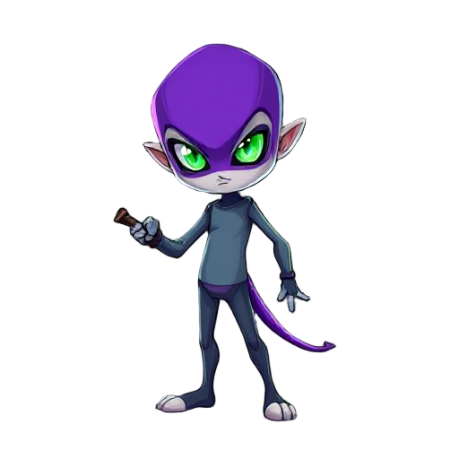 criatura humanoide delgada, capucha violeta, ojos brillantes verde-neón. usa un cuchillo como arma