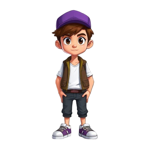 a determined young man, with brown hair, a purple cap, a vest and white shirt, sneakers.