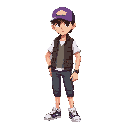 a determined young man, with brown hair, a purple cap, a vest and white shirt, sneakers.