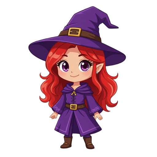 chib witch, red hair, purple clothes