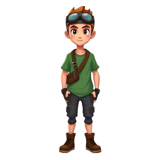 jovem, ele tem cabelo castanho bagunçado e curto. usa goggles na cabeça. seus olhos são claros com pupilas vermelhas. veste uma camisa verde de mangas dobradas, calças marrons e botas de couro. usa luvas curtas. carrega uma bolsa lateral presa na cintura.