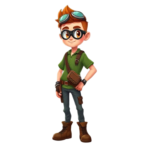 jovem, ele tem cabelo castanho bagunçado e curto. usa goggles na cabeça. seus olhos são claros com pupilas vermelhas. veste uma camisa verde de mangas dobradas, calças marrons e botas de couro. usa luvas curtas. carrega uma bolsa lateral presa na cintura.