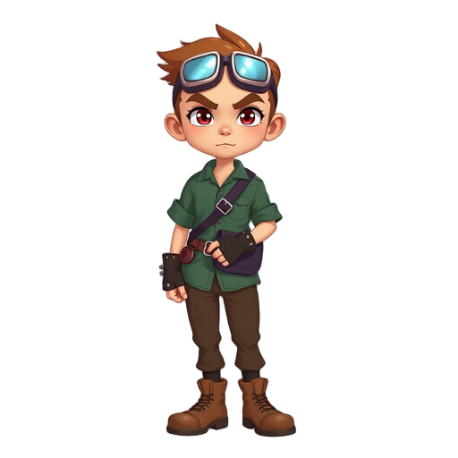 ele tem cabelo castanho bagunçado e curto. usa goggles na cabeça. seus olhos são claros com pupilas vermelhas. veste uma camisa verde de mangas dobradas, calças marrons e botas de couro. usa luvas curtas. carrega uma bolsa lateral presa na cintura. no bra