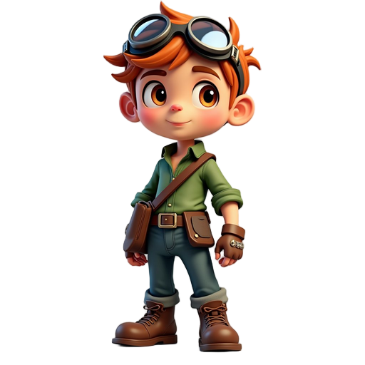 ele tem cabelo castanho bagunçado e curto. usa goggles na cabeça. seus olhos são claros com pupilas vermelhas. veste uma camisa verde de mangas dobradas, calças marrons e botas de couro. usa luvas curtas. carrega uma bolsa lateral presa na cintura. no bra